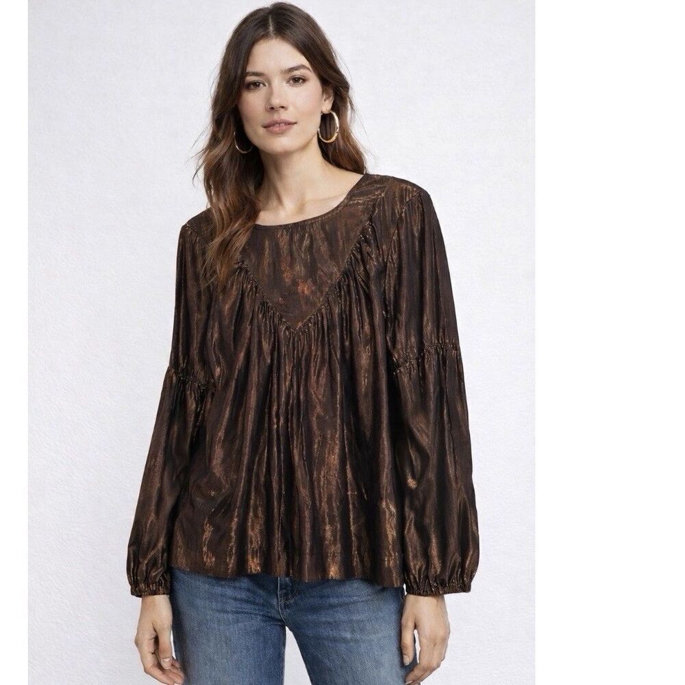 ANTHROPOLOGIE AMADI Merry Metallic Bronze Blouse Top Size M Party‎ Shimmer